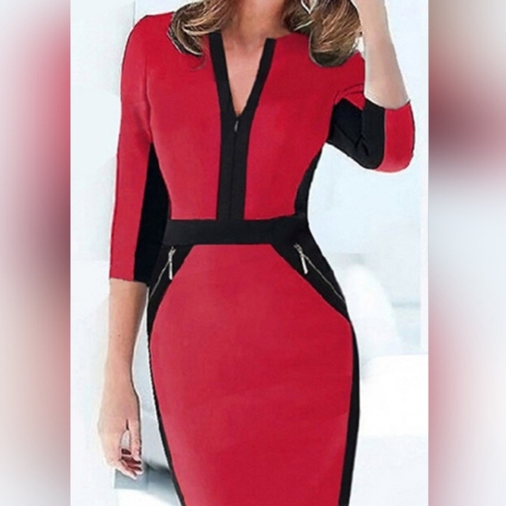 HOMEYEE Red/Black Colorblock V-Neck 3/4 Sleeve